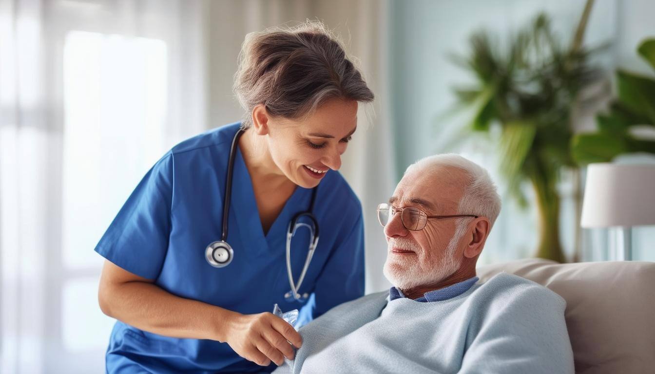 healthcare employee taking care of older man